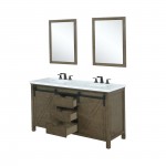 Marsyas 60" Rustic Brown Double Vanity, White Quartz Top, White Square Sinks and 24" Mirrors w/ Faucets