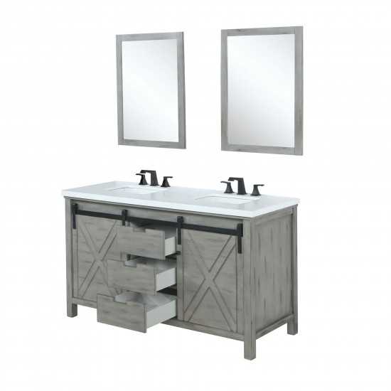 Marsyas 60" Ash Grey Double Vanity, White Quartz Top, White Square Sinks and 24" Mirrors w/ Faucets