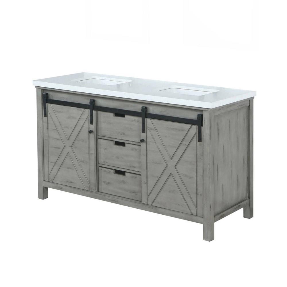 Marsyas 60" Ash Grey Double Vanity, White Quartz Top, White Square Sinks and no Mirror