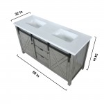 Marsyas 60" Ash Grey Double Vanity, White Quartz Top, White Square Sinks and no Mirror