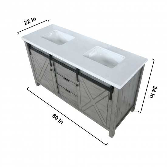 Marsyas 60" Ash Grey Double Vanity, White Quartz Top, White Square Sinks and no Mirror