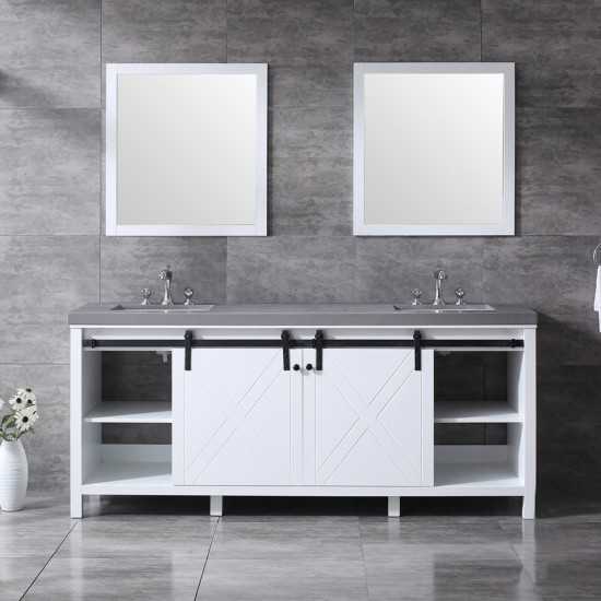 Marsyas 80" White Double Vanity, Grey Quartz Top, White Square Sinks and 30" Mirrors w/ Faucets