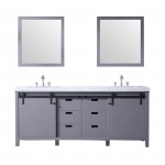 Marsyas 80" Dark Grey Double Vanity, White Carrara Marble Top, White Square Sinks and 30" Mirrors w/ Faucets