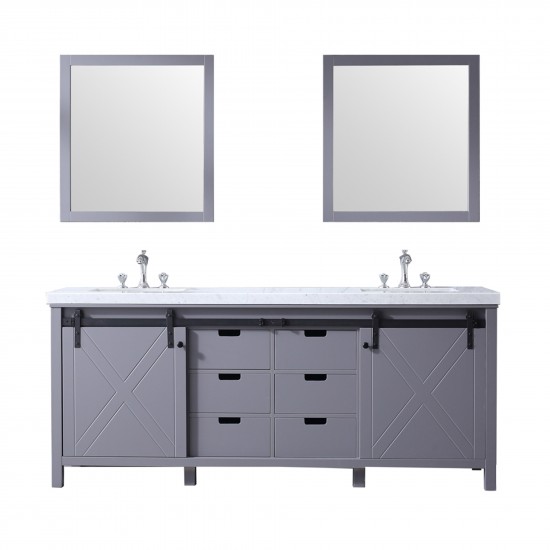 Marsyas 80" Dark Grey Double Vanity, White Carrara Marble Top, White Square Sinks and 30" Mirrors w/ Faucets