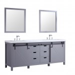 Marsyas 80" Dark Grey Double Vanity, White Carrara Marble Top, White Square Sinks and 30" Mirrors w/ Faucets