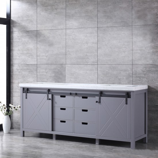 Marsyas 80" Dark Grey Double Vanity, White Carrara Marble Top, White Square Sinks and no Mirror