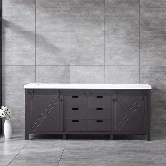 Marsyas 80" Brown Double Vanity, White Quartz Top, White Square Sinks and no Mirror