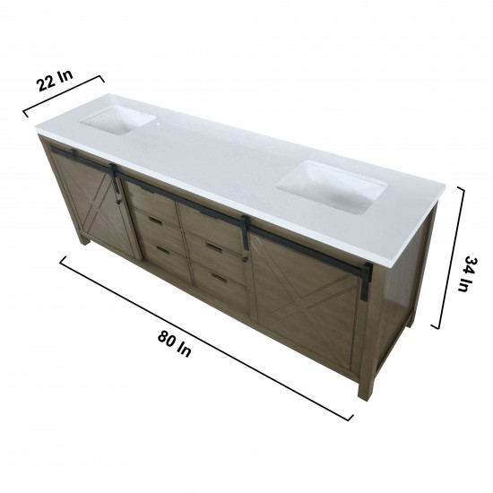 Marsyas 80" Rustic Brown Double Vanity, White Quartz Top, White Square Sinks and no Mirror