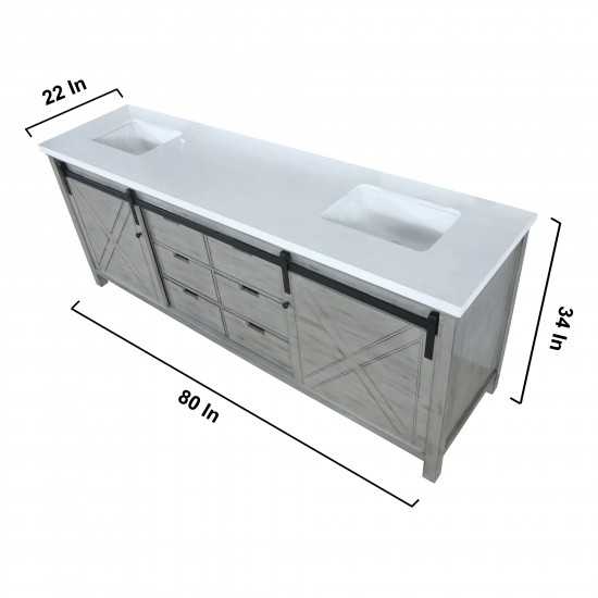 Marsyas 80" Ash Grey Double Vanity, White Quartz Top, White Square Sinks and no Mirror