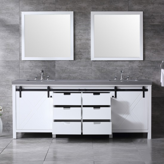 Marsyas 84" White Double Vanity, Grey Quartz Top, White Square Sinks and 34" Mirrors w/ Faucets