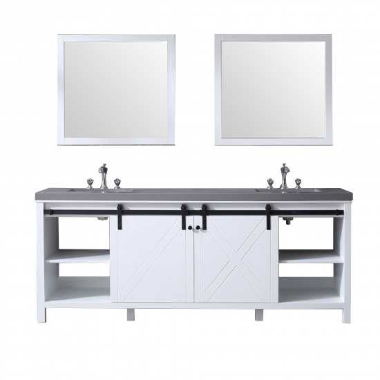 Marsyas 84" White Double Vanity, Grey Quartz Top, White Square Sinks and 34" Mirrors w/ Faucets