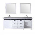 Marsyas 84" White Double Vanity, Grey Quartz Top, White Square Sinks and 34" Mirrors w/ Faucets