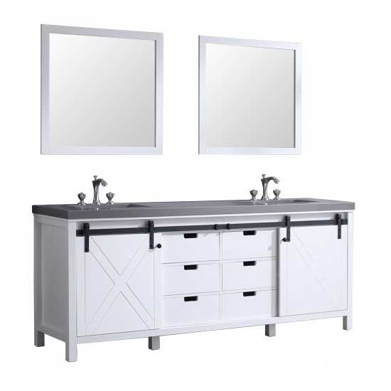 Marsyas 84" White Double Vanity, Grey Quartz Top, White Square Sinks and 34" Mirrors w/ Faucets