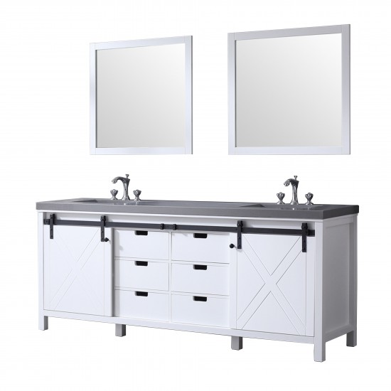 Marsyas 84" White Double Vanity, Grey Quartz Top, White Square Sinks and 34" Mirrors w/ Faucets