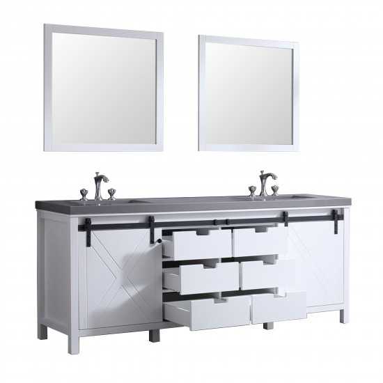 Marsyas 84" White Double Vanity, Grey Quartz Top, White Square Sinks and 34" Mirrors w/ Faucets