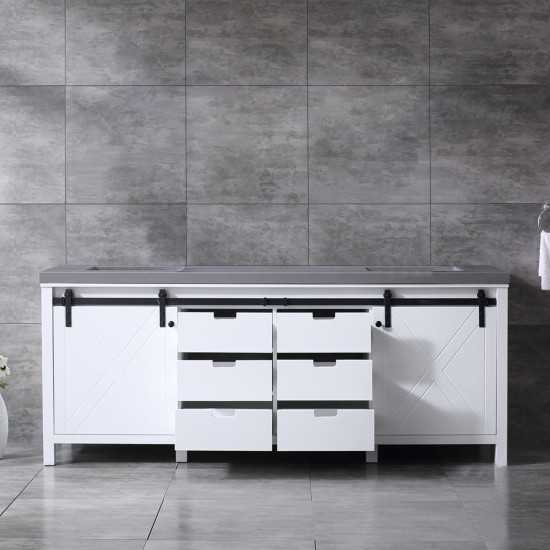 Marsyas 84" White Double Vanity, Grey Quartz Top, White Square Sinks and no Mirror