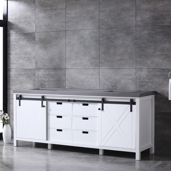 Marsyas 84" White Double Vanity, Grey Quartz Top, White Square Sinks and no Mirror