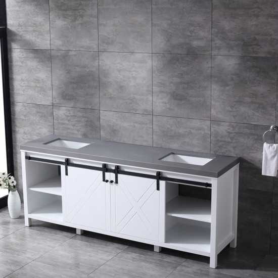 Marsyas 84" White Double Vanity, Grey Quartz Top, White Square Sinks and no Mirror