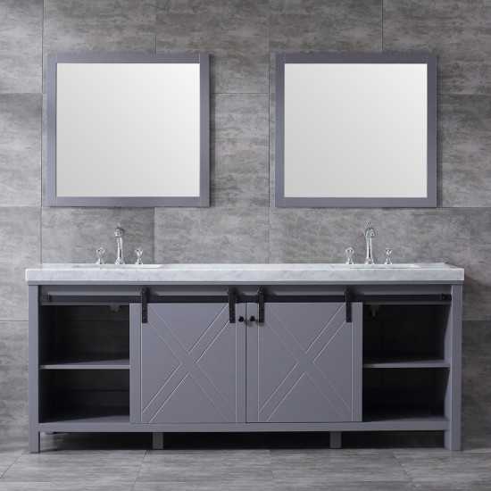 Marsyas 84" Dark Grey Double Vanity, White Carrara Marble Top, White Square Sinks and 34" Mirrors w/ Faucets