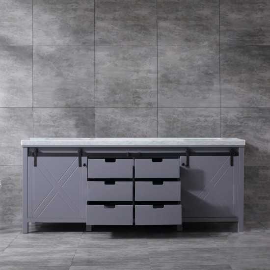 Marsyas 84" Dark Grey Double Vanity, White Carrara Marble Top, White Square Sinks and no Mirror