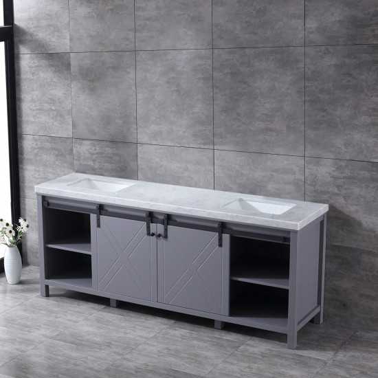 Marsyas 84" Dark Grey Double Vanity, White Carrara Marble Top, White Square Sinks and no Mirror