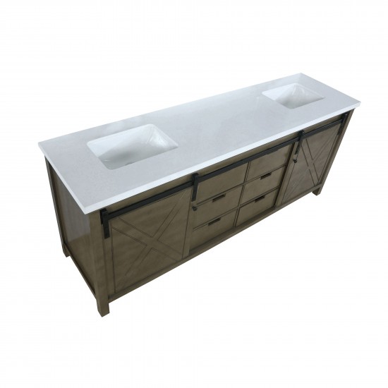 Marsyas 84" Rustic Brown Double Vanity, White Quartz Top, White Square Sinks and no Mirror