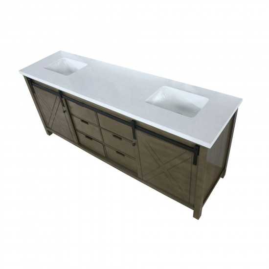 Marsyas 84" Rustic Brown Double Vanity, White Quartz Top, White Square Sinks and no Mirror