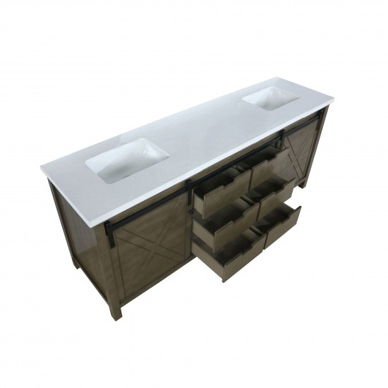 Marsyas 84" Rustic Brown Double Vanity, White Quartz Top, White Square Sinks and no Mirror