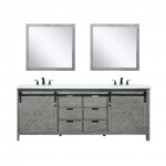 Marsyas 84" Ash Grey Double Vanity, White Quartz Top, White Square Sinks and 34" Mirrors w/ Faucets