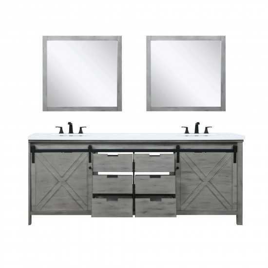 Marsyas 84" Ash Grey Double Vanity, White Quartz Top, White Square Sinks and 34" Mirrors w/ Faucets