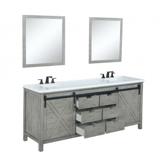 Marsyas 84" Ash Grey Double Vanity, White Quartz Top, White Square Sinks and 34" Mirrors w/ Faucets