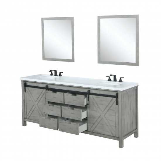 Marsyas 84" Ash Grey Double Vanity, White Quartz Top, White Square Sinks and 34" Mirrors w/ Faucets