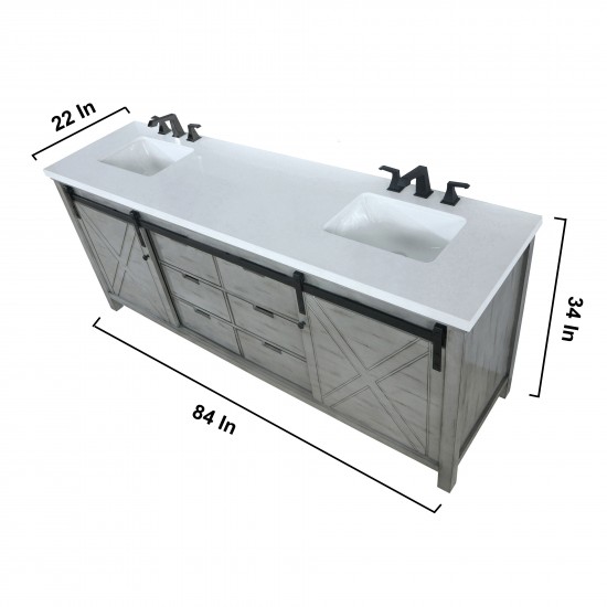 Marsyas 84" Ash Grey Double Vanity, White Quartz Top, White Square Sinks and 34" Mirrors w/ Faucets