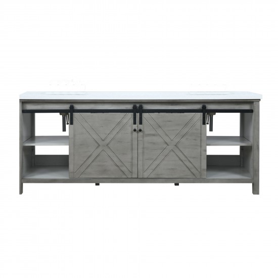 Marsyas 84" Ash Grey Double Vanity, White Quartz Top, White Square Sinks and no Mirror