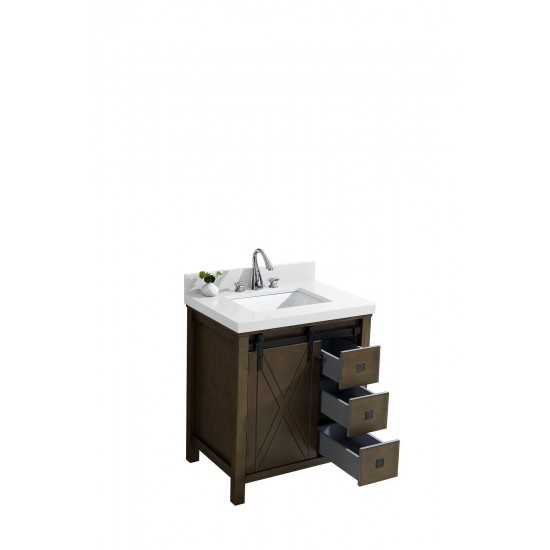 Marsyas Veluti 30" Rustic Brown Single Vanity, White Quartz Top, White Square Sink and no Mirror