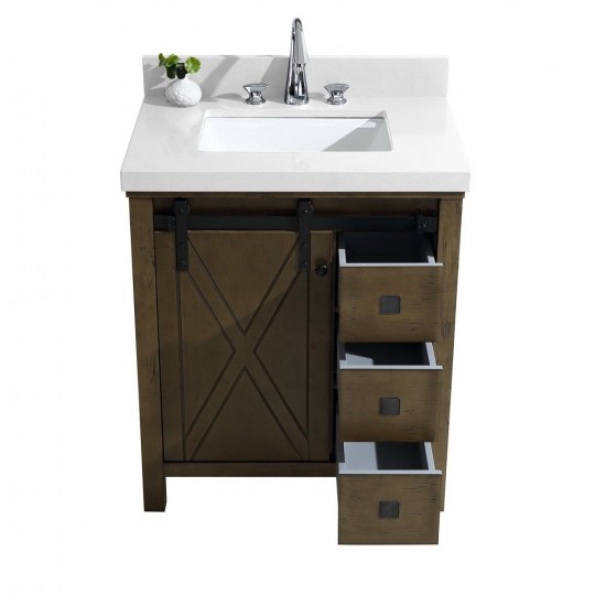 Marsyas Veluti 30" Rustic Brown Single Vanity, White Quartz Top, White Square Sink and no Mirror