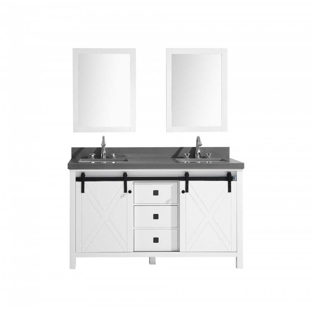 Marsyas Veluti 60" White Double Vanity, Grey Quartz Top, White Square Sinks and 24" Mirrors w/ Faucets