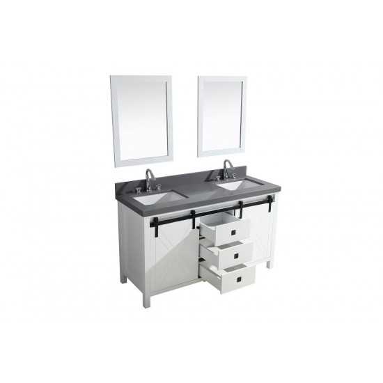 Marsyas Veluti 60" White Double Vanity, Grey Quartz Top, White Square Sinks and 24" Mirrors w/ Faucets