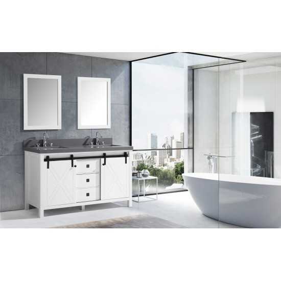 Marsyas Veluti 60" White Double Vanity, Grey Quartz Top, White Square Sinks and 24" Mirrors w/ Faucets