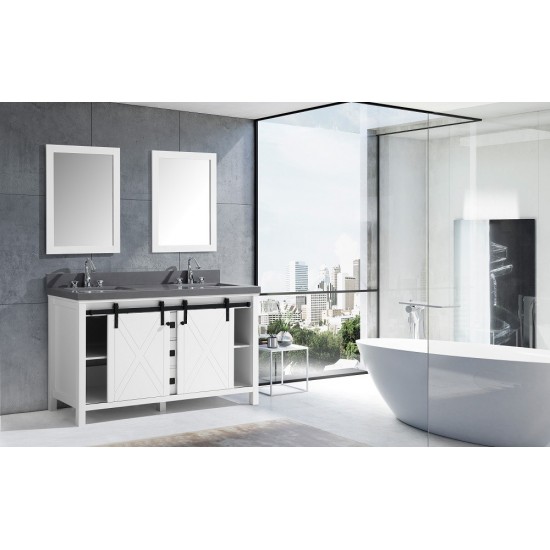 Marsyas Veluti 60" White Double Vanity, Grey Quartz Top, White Square Sinks and 24" Mirrors w/ Faucets