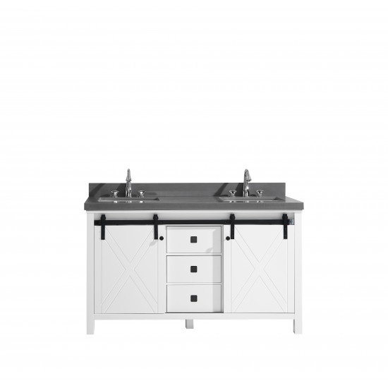 Marsyas Veluti 60" White Double Vanity, Grey Quartz Top, White Square Sinks and no Mirror