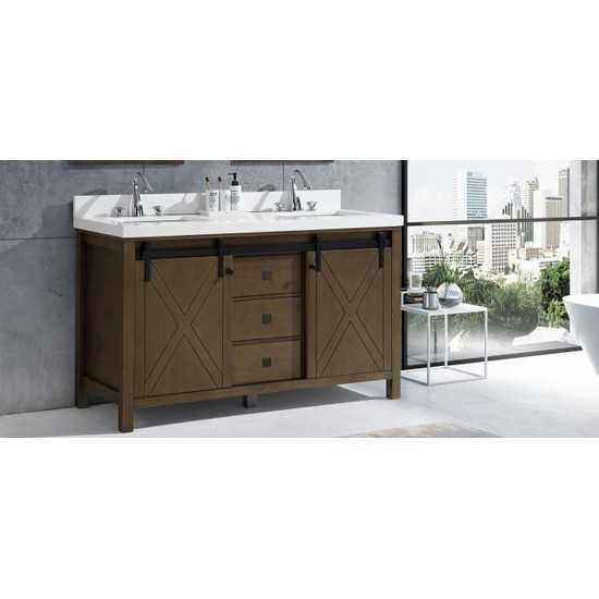 Marsyas Veluti 60" Rustic Brown Double Vanity, White Quartz Top, White Square Sinks and no Mirror