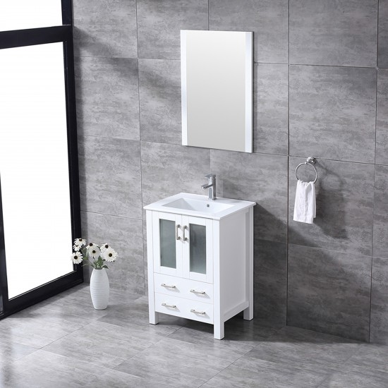 Volez 24" White Single Vanity, Integrated Top, White Integrated Square Sink and 22" Mirror w/ Faucet
