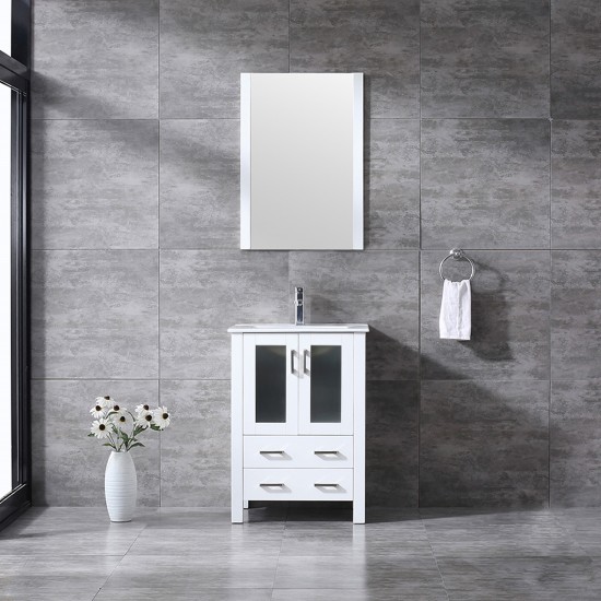 Volez 24" White Single Vanity, Integrated Top, White Integrated Square Sink and 22" Mirror w/ Faucet