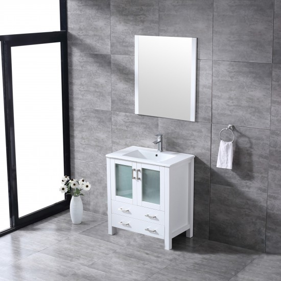 Volez 30" White Single Vanity, Integrated Top, White Integrated Square Sink and 28" Mirror w/ Faucet