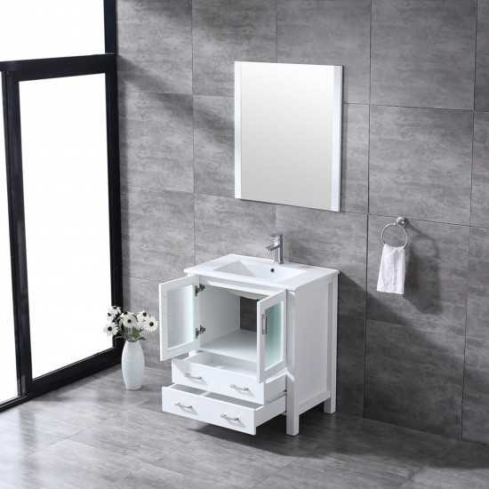 Volez 30" White Single Vanity, Integrated Top, White Integrated Square Sink and 28" Mirror w/ Faucet