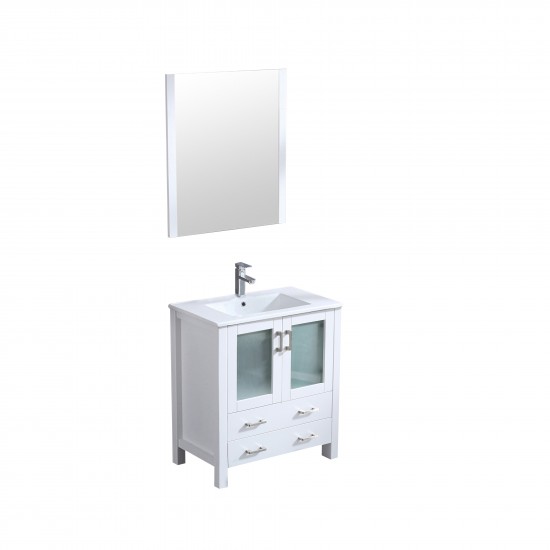 Volez 30" White Single Vanity, Integrated Top, White Integrated Square Sink and 28" Mirror w/ Faucet