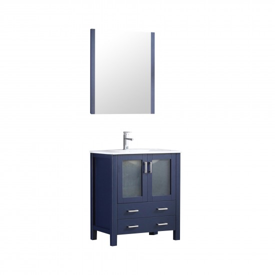 Volez 30" Navy Blue Single Vanity, Integrated Top, White Integrated Square Sink and 28" Mirror w/ Faucet
