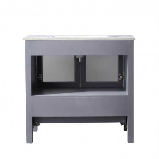 Volez 36" Dark Grey Single Vanity, Integrated Top, White Integrated Square Sink and 34" Mirror w/ Faucet