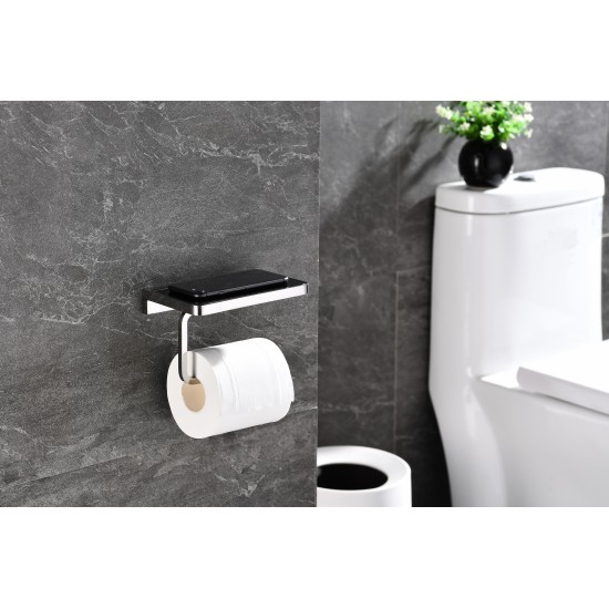 Bagno Bianca Stainless Steel Black Glass Shelf w/ Toilet Paper Holder - Chrome